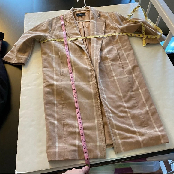 Toccin Nude Plaid Jacket Women XS Midi Length 3/4 Long Sleeves Tan Ivory Pockets - Picture 9 of 14